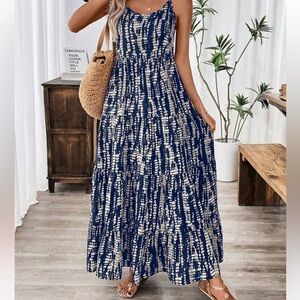 Navy and White Sleeveless Maxi Dress